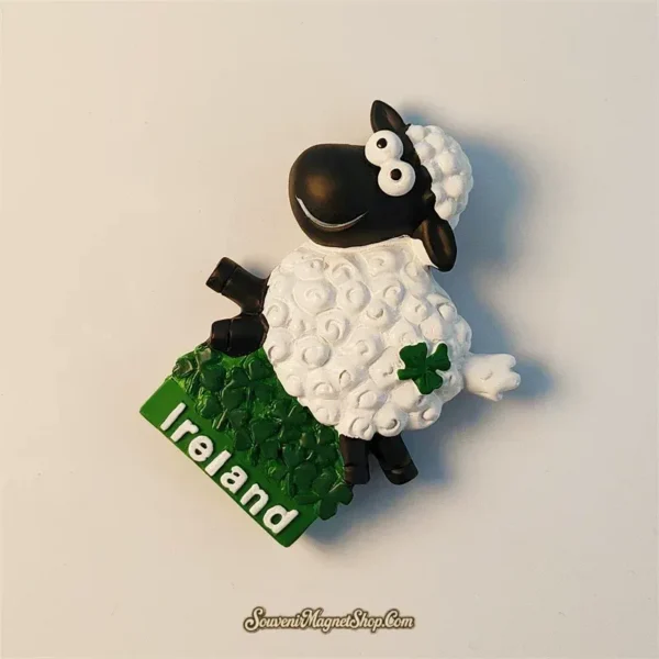 Angled view of Ireland sheep souvenir magnet showing 3D wool texture and green shamrock detail