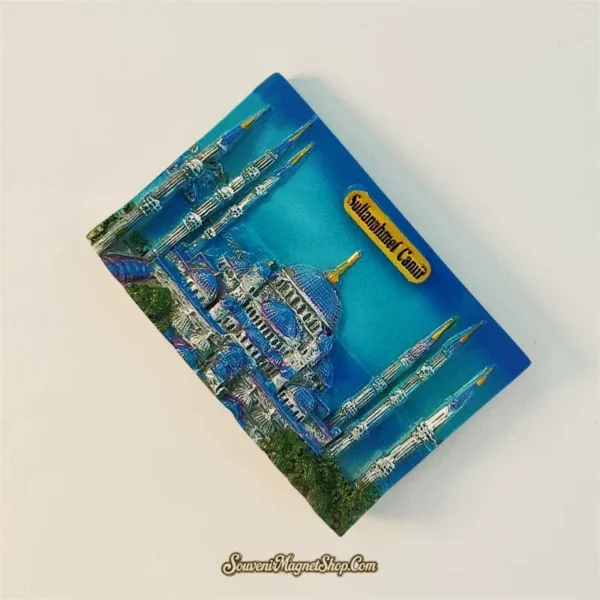 Angled view of Turkey Istanbul Blue Mosque souvenir fridge magnet showing depth and minaret detail