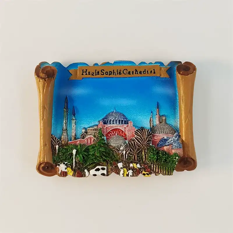 Front view of Istanbul Hagia Sophia 3D scroll fridge magnet with pink dome, minarets, and garden scene