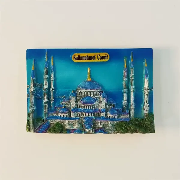 Istanbul Sultanahmet Blue Mosque fridge magnet front view with hand-painted 3D domes and six minarets