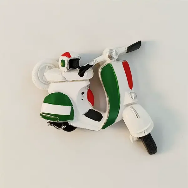 Italy Rome Vespa scooter fridge magnet front view with white body, green-white-red Italian flag panels and helmet