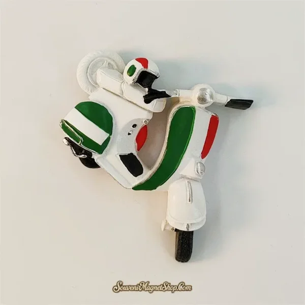 Angled view of Rome Italy Vespa souvenir fridge magnet with hand-painted Italian flag detailing and 3D scooter shape
