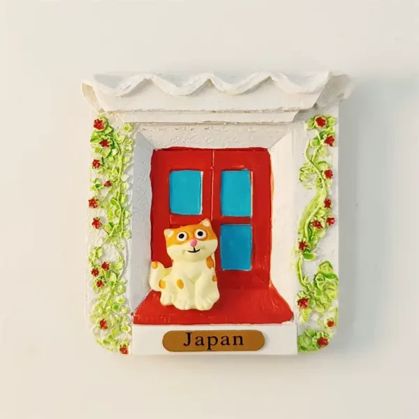 Japan cottage 3D fridge magnet front view with calico cat on red windowsill and flower vine wall