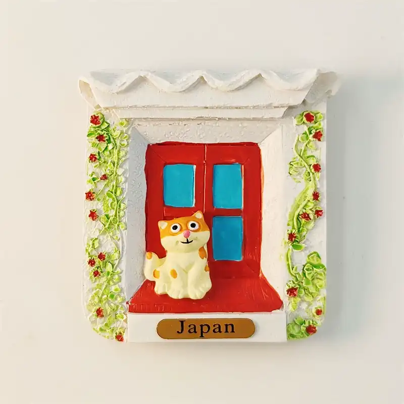 japan-cottage-window-cat-fridge-magnet-front Japan cottage 3D fridge magnet front view with calico cat on red windowsill and flower vine wall