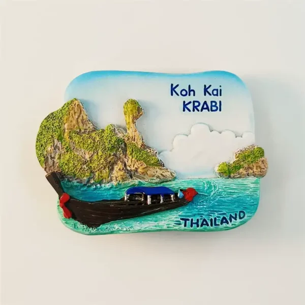 Front view of Krabi Koh Kai Chicken Island Thailand 3D fridge magnet with longtail boat on turquoise water
