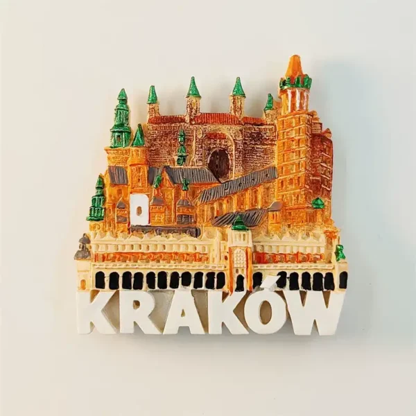 Hand-painted Krakow Main Market Square fridge magnet with detailed Old Town towers and bold KRAKOW lettering