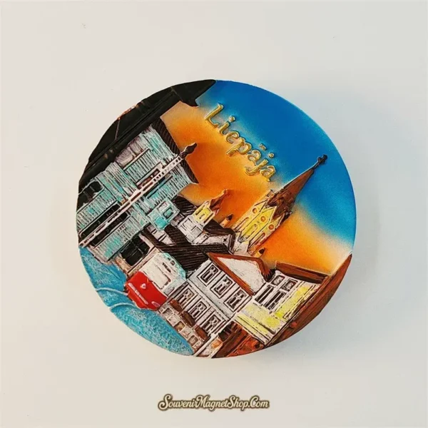 Angled view of Latvia Liepāja souvenir magnet showing 3D relief depth and raised gold Liepaja lettering