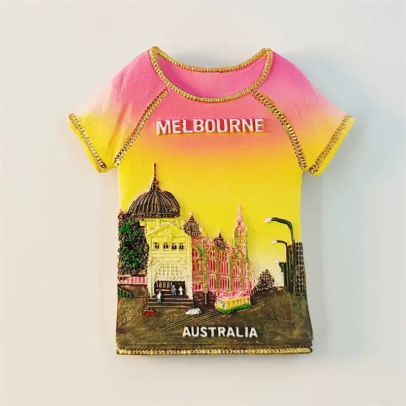 Melbourne T-shirt fridge magnet front view with 3D Flinders Street Station cityscape design