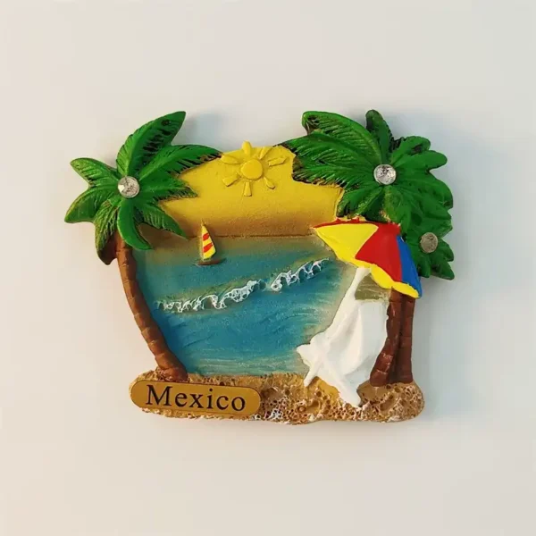 Mexico Cancun 3D fridge magnet front view with twin palm trees turquoise ocean sailboat and colorful beach umbrella