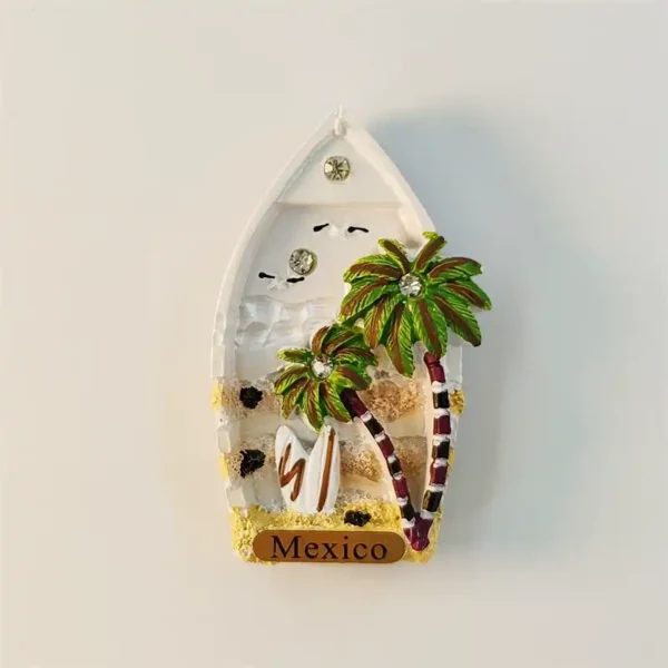 Mexico Cancun boat-shaped 3D fridge magnet front view with palm trees, surfboard and rhinestone gems