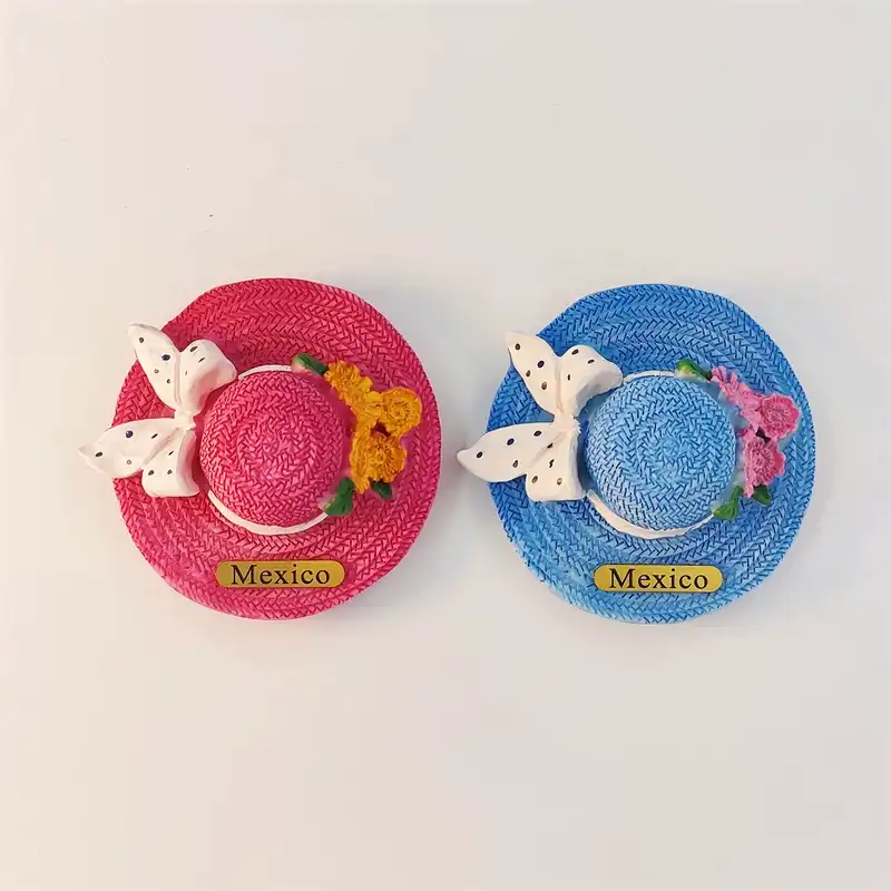 Mexico Cancun wide-brim straw hat souvenir magnets set of 2 in rose red and sky blue with floral detail