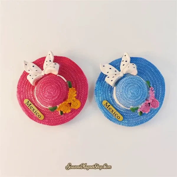Mexico Cancun straw hat fridge magnets angled view showing floral bouquet and white polka-dot bow