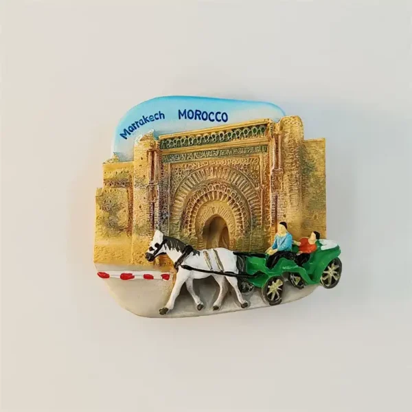 Morocco Marrakech Bab Agnaou fridge magnet front view with 3D horse carriage and city gate design