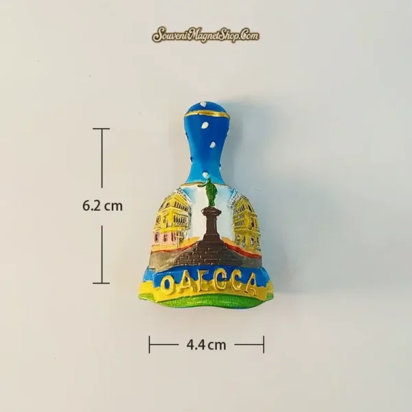 Odessa Duke Richelieu Monument bell souvenir magnet with statue and yellow neoclassical buildings, size 6.2 x 4.4 cm