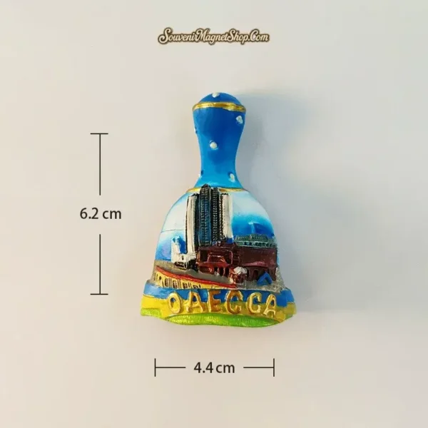 Odessa Ukraine skyline bell souvenir magnet with hotel towers and tram, size 6.2 x 4.4 cm