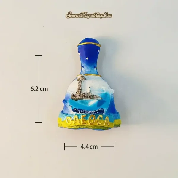 Odessa Vorontsov Lighthouse bell fridge magnet with warship on turquoise Black Sea, size 6.2 x 4.4 cm