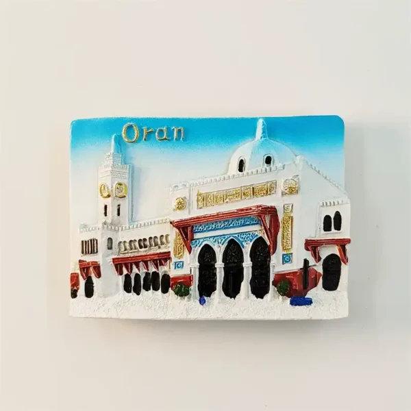 Front view of Algeria Oran Pasha Mosque 3D fridge magnet with white dome, gold minaret, and red arched facade