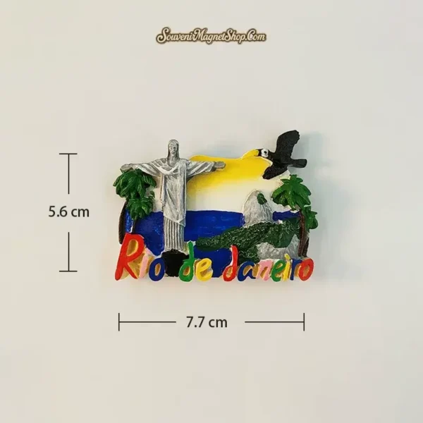 Colorful Rio de Janeiro fridge magnet with Christ Redeemer toucan and palm trees, 7.7 by 5.6 cm