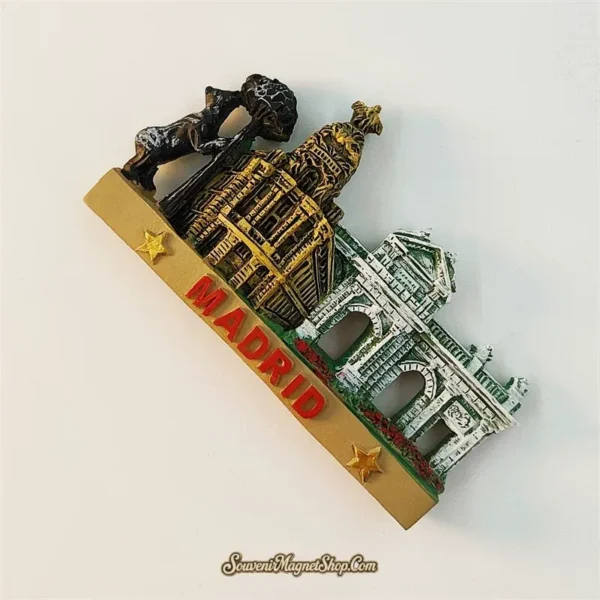 Madrid Spain souvenir fridge magnet angled right view revealing 3D depth of Bear statue Metropolis dome and Puerta de Alcala arch sculpture on gold MADRID base