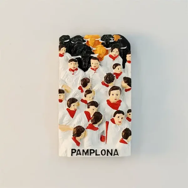 Spain Pamplona Running of the Bulls fridge magnet front view, San Fermín festival 3D souvenir