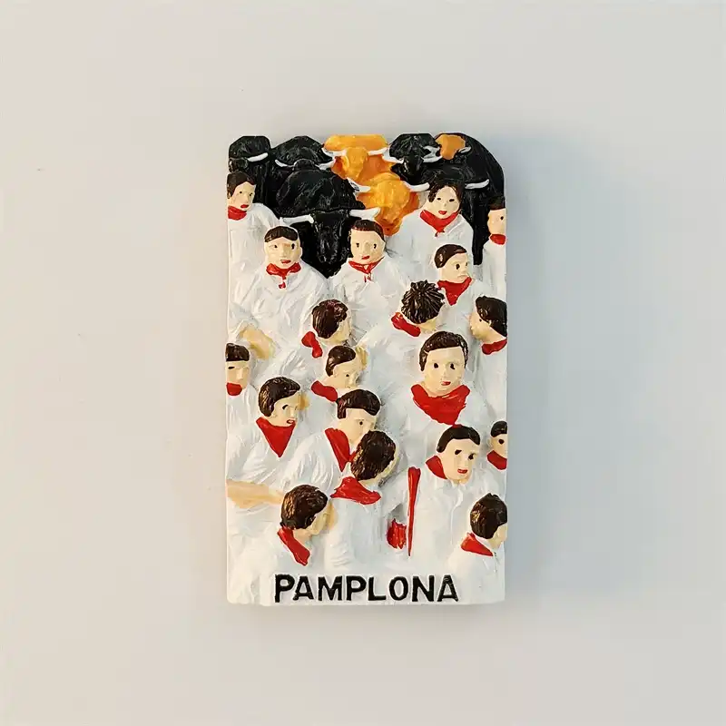 Spain Pamplona Running of the Bulls fridge magnet front view, San Fermín festival 3D souvenir