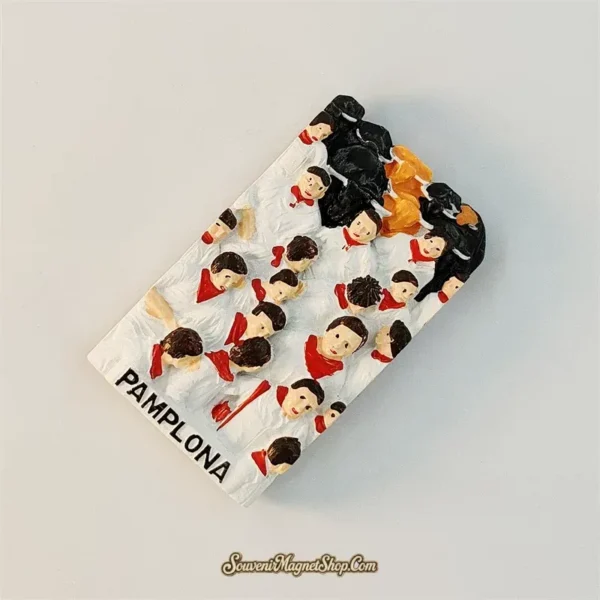 Spain Pamplona San Fermín fridge magnet side angle view showing 3D festival sculpture detail