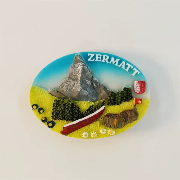Switzerland Zermatt Matterhorn fridge magnet front view with hand-painted 3D Alpine peak, red mountain train, chalets, edelweiss, and Swiss flag