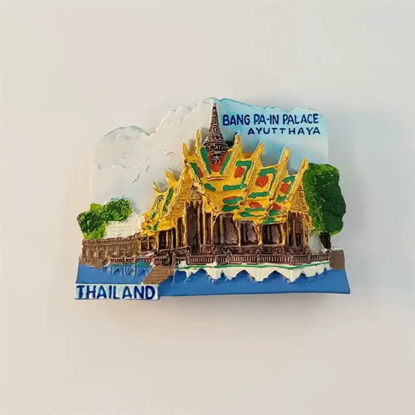 Thailand Ayutthaya Bang Pa-In Palace 3D fridge magnet front view with golden Thai pavilion over blue water