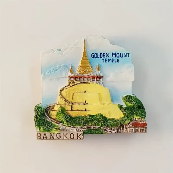 Thailand Bangkok Golden Mount Temple 3D fridge magnet front view with golden chedi and winding stairway on green mound