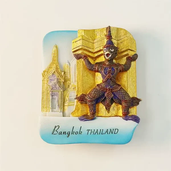 Thailand Bangkok Grand Palace Yaksha guardian 3D fridge magnet front view with ornate demon warrior statue and golden temple spire