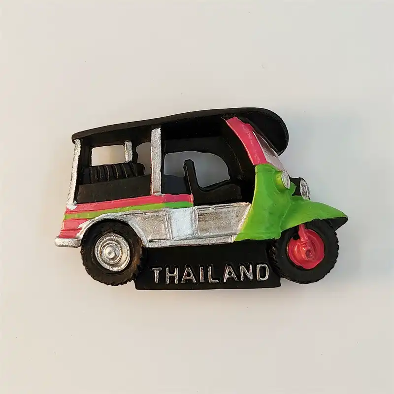 Thailand tuk-tuk 3D fridge magnet side view with green front silver body and pink-red stripes