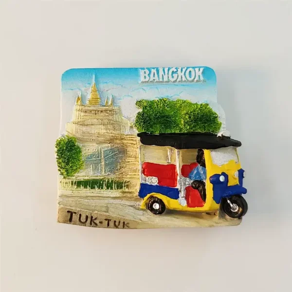 Thailand Bangkok 3D fridge magnet front view with colorful tuk-tuk and golden temple spires backdrop