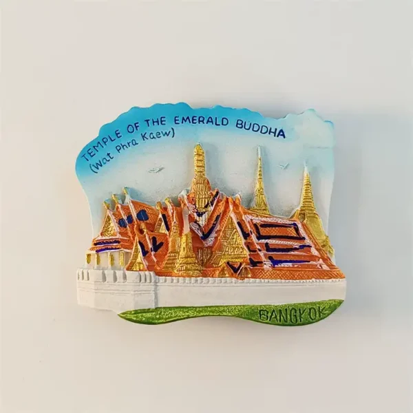 Thailand Bangkok Wat Phra Kaew 3D fridge magnet front view with golden spires and ornate orange temple roofs