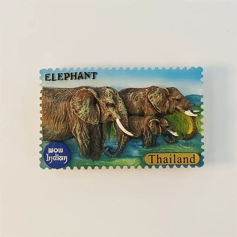 Thailand elephant family fridge magnet front view with hand-painted herd and gold Thailand plaque