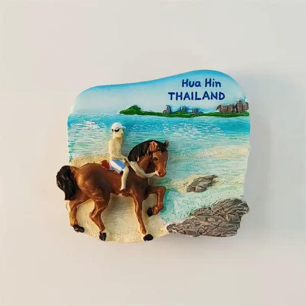 Thailand Hua Hin 3D fridge magnet front view with rider on brown horse along turquoise beach