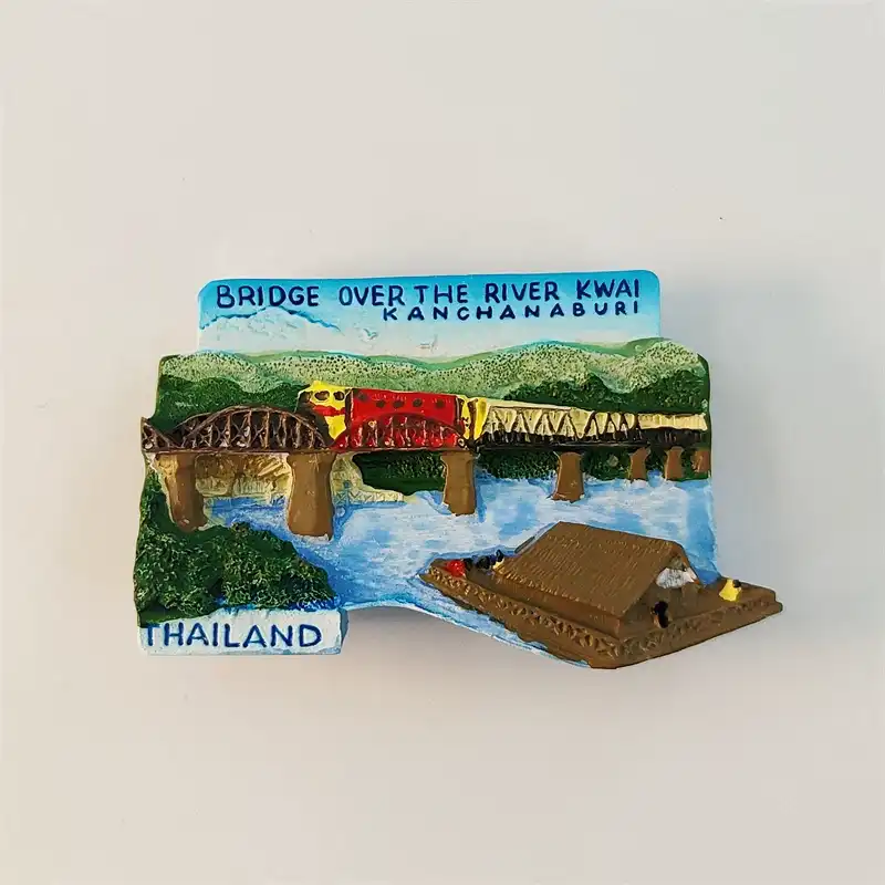 Thailand Kanchanaburi Bridge over River Kwai 3D fridge magnet front view with iron bridge red train and floating raft house