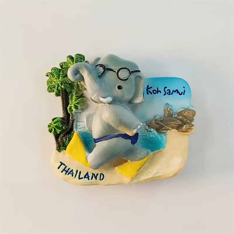 Thailand Koh Samui 3D fridge magnet front view with cute elephant in glasses holding snorkel on tropical beach