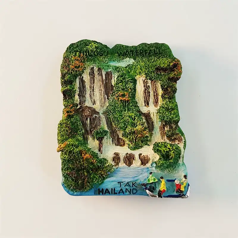 Thailand Thi Lo Su Waterfall 3D fridge magnet front view with jungle cascades and tourist boat