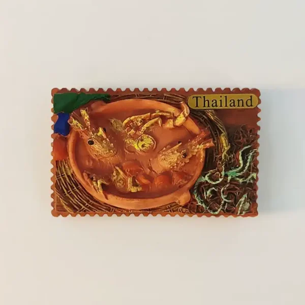 Thailand Tom Yum Goong fridge magnet front view with shrimp soup bowl and gold Thailand plaque