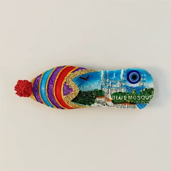 Turkey Istanbul Blue Mosque slipper fridge magnet front view with hand-painted dome, minarets, nazar evil-eye charm, and embroidered Ottoman slipper design