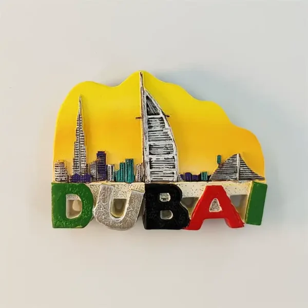 UAE Dubai landmarks fridge magnet front view with 3D skyline and sunset sky