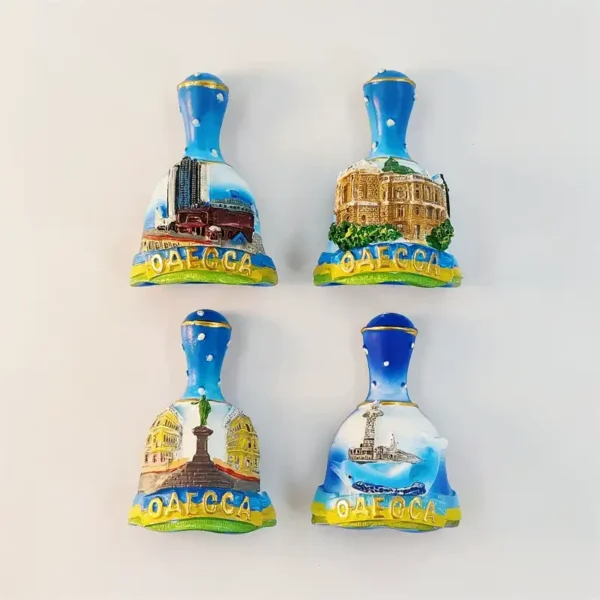 Ukraine Odessa bell fridge magnets showing all 4 landmark variants in blue and yellow Ukrainian colors
