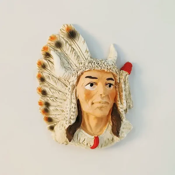 Front view of USA Native American chief fridge magnet with hand-painted feathered war bonnet