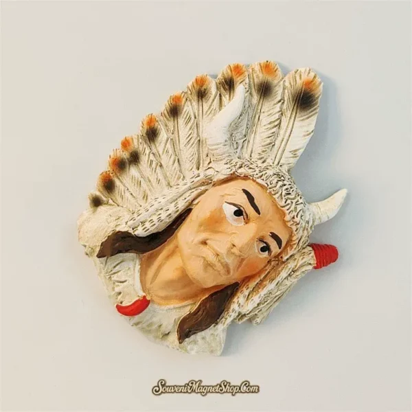 Angled view of Native American chief souvenir magnet showing 3D feathered headdress detail