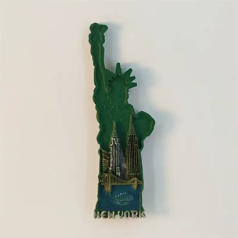 Front view of USA New York Statue of Liberty fridge magnet with hand-painted skyline and NEW YORK lettering