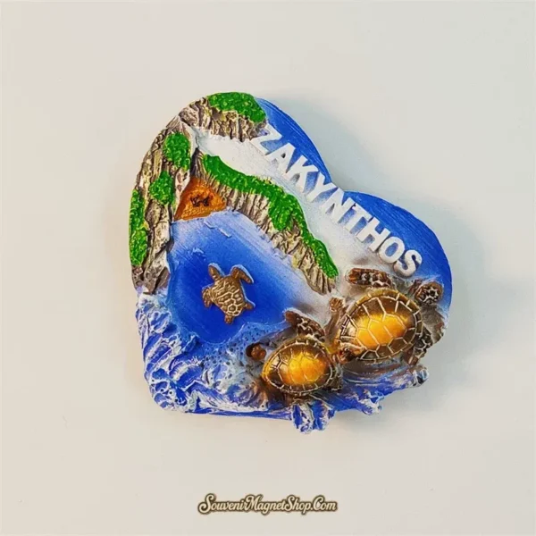 Angled Zakynthos sea turtle souvenir magnet showing Navagio cove cliffs and amber-shelled loggerhead turtles
