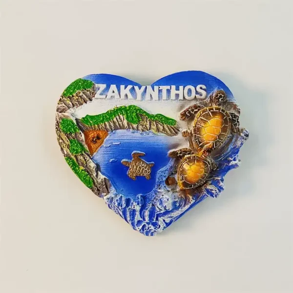Greece Zakynthos heart-shaped fridge magnet front view with Navagio Beach cliffs and three golden sea turtles