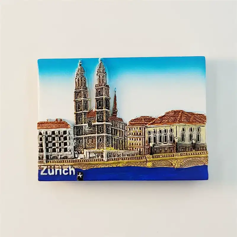 zurich-grossmunster-old-town-fridge-magnet-front Zurich Grossmünster twin towers and Old Town 3D fridge magnet front view with Limmat River