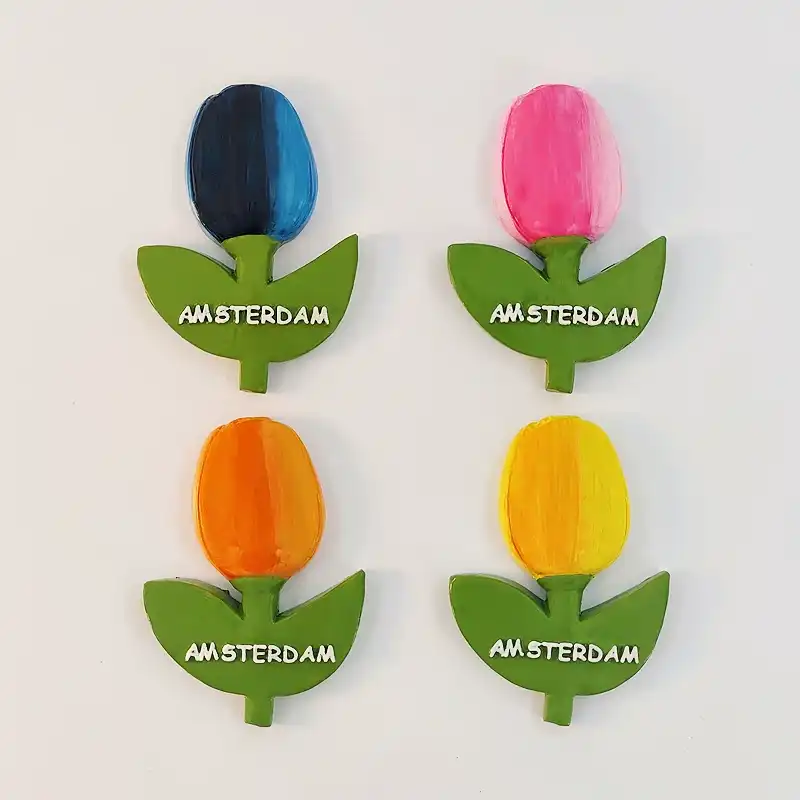 amsterdam-tulip-fridge-magnet-color-set Amsterdam tulip fridge magnet set in blue, pink, orange and yellow with hand-painted AMSTERDAM lettering