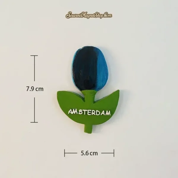 Blue Amsterdam tulip souvenir fridge magnet with size reference 7.9 cm height and 5.6 cm width
